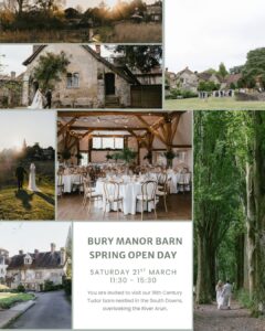 a poster for a spring open day at wedding venue bury manor barn, in the south downs west sussex